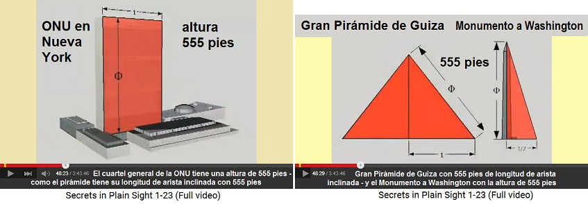 El cuartel general de
                            la ONU tiene una altura de 555 pies - la
                            longitud de arista inclinada del Pirmide
                            Grande es 555 pies - la altitud del
                            Monumento a Washington es 555 pies