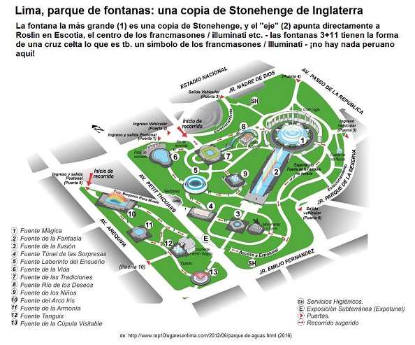 Lima, el parque de las fontanas con una                           copia de Stonehenge, la "avenida"                           apunta directamente a Roslin en Escocia, y hay                           2 fontanas más en forma de cruces celtas, y                           también hay una pirámide - ¡no hay nada                           peruano aquí!