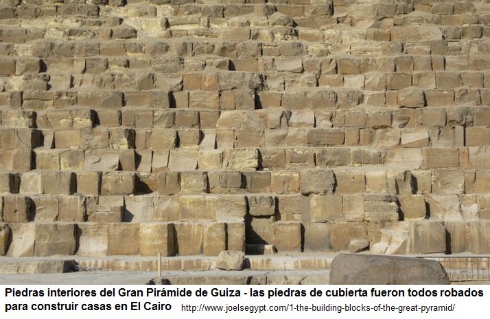 Gran Pirámide, piedras
interiores - las piedras de cubierta han todos
robados para construir casas en El Cairo Gran Pirámide, piedras interiores - las
piedras de cubierta han todos robados para construir
casas en El Cairo