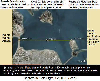 Mapa con el Puente Puerta
Dorada, la isla de prisión de Alcatraz y la Isla de
Tesoro con 7 lados, el símbolo para la Puerta de
Plata de Isis con 7 rayos en su cabeza Mapa con el Puente Puerta Dorada, la isla de
prisión de Alcatraz y la Isla de Tesoro con 7 lados,
el símbolo para la Puerta de Plata de Isis con 7
rayos en su cabeza