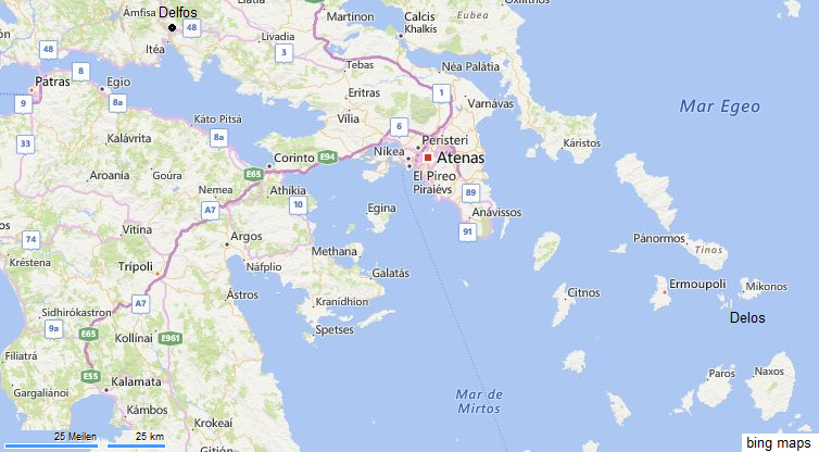 Mapa de Grecia con                       Delfos, Atenas y Delos