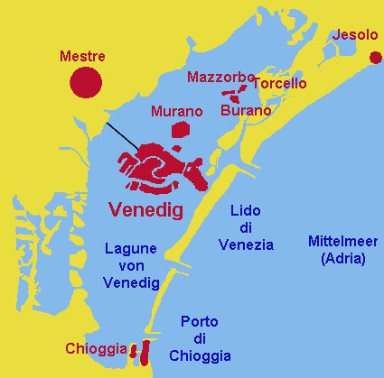 Map
showing the lagoon of Venice with Venice and
more settled islands Map showing the lagoon of Venice with
Venice and more settled islands