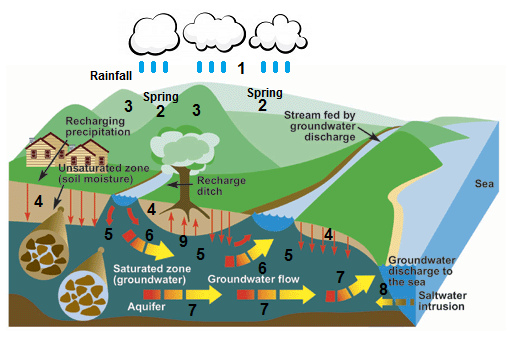 Origins
                        of groundwater, scheme 03 without clay layer
                        with beach and sea
