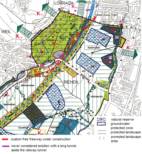 Projected free custom freeway
                                violating the protected landscape near
                                groundwater protected areas in Riehen
                                near Basel