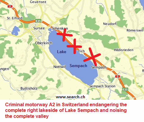Sewage water, accidents and fumes
                              from motorway A2 endangering Sempach Lake
                              in Switzerland, map