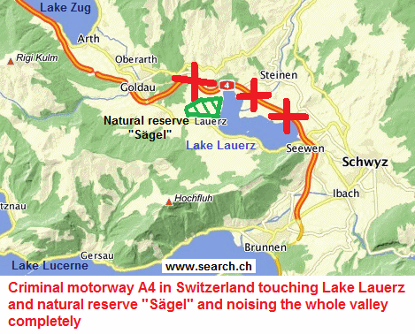 Sewage water, accidents and fumes
                              from motorway A4 endangering Lauerz Lake
                              with nature reserve "S�gel" in
                              criminal Switzerland, map