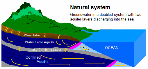 Scheme
                        with saltwater and groundwater 2 with a doubled
                        groundwater system, and both are draining into
                        the ocean