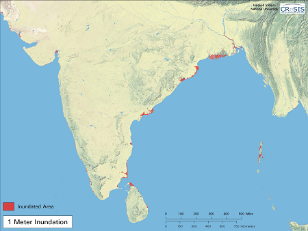 Indien, Ceylon,
                              Bangladesh und Malediven, Gebietsverluste
                              nach einem Anstieg des Meeresspiegels um 1
                              m, Karte
