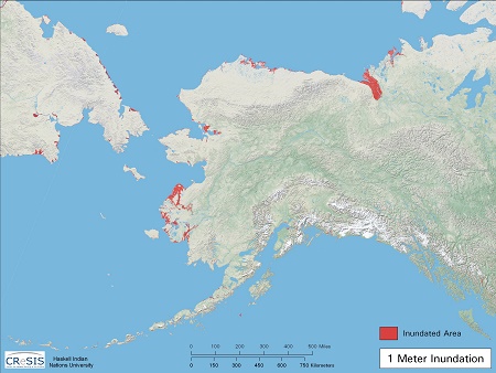 Alaska, Gebietsverluste nach einem
                              Anstieg des Meeresspiegels um 1 m, Karte