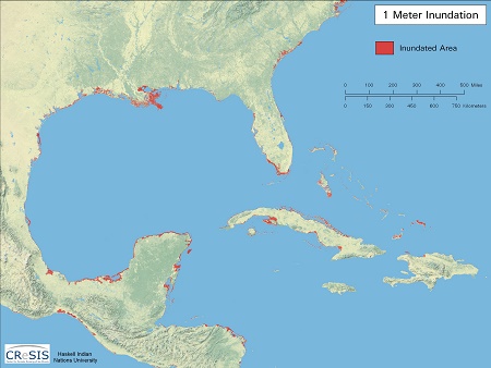 Sdost-"USA" und Karibik,
                              Gebietsverluste nach einem Anstieg des
                              Meeresspiegels um 1 m, Karte