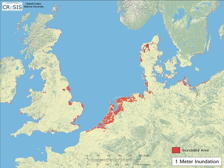 Deutschland, Holland, England,
                              Dnemark, Norwegen und Schweden,
                              Gebietsverluste nach einem Anstieg des
                              Meeresspiegels um 1m, Karte