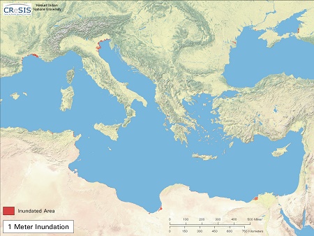 Mittleres und stliches
                              Mittelmeergebiet, Gebietsverluste nach
                              einem Anstieg des Meeresspiegels um 1m,
                              Karte