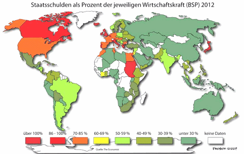 Weltkarte mit der weltweiten
                                Verschuldung 2012
