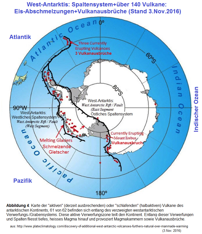 Die Vulkanzone in der
                        West-Antarktis: Da sind zwei Bruchzonen mit über
                        140 schlummernden Vulkanen mit abschmelzendem
                        Eis+Vulkanausbrüchen - Karte