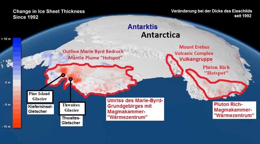 Karte der
                  West-Antarktis mit den erwärmten Zonen (Magmakammern
                  im Untergrund)