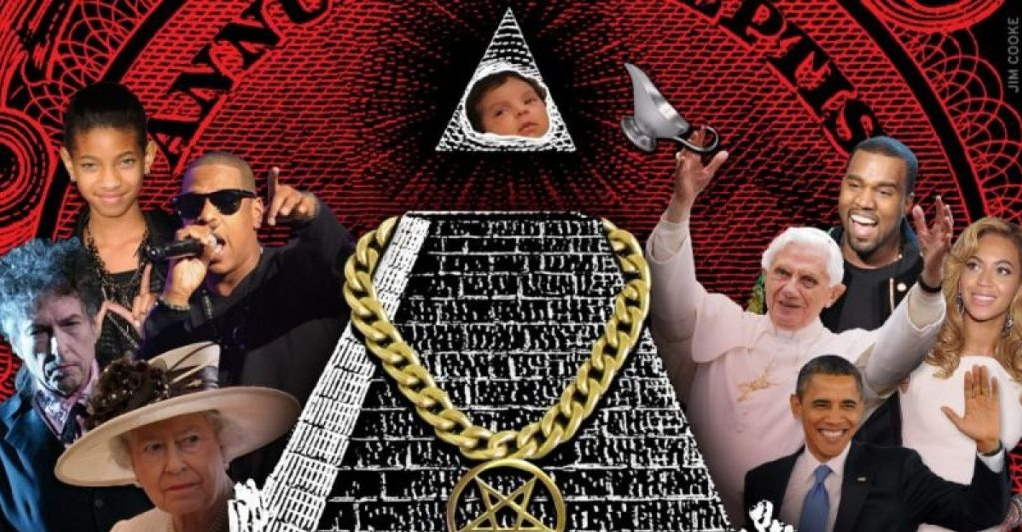 Illuminati-Satanisten tanzen um die
                        satanistische Pyramide, den Fünfstern und ein
                        Babyopfer, das von oben her zuschaut