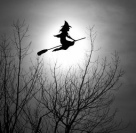 Noche de Walburga (Walpurga), una bruja est volando en una escoba