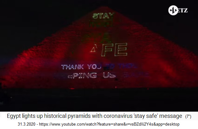 31.3.2020: Ägypten
                            Pyramide von Gize in Rot mit Schriftzug
                            "Stay safe" und "Thank you to
                            those keeping us safe" 01 ("bleib
                            sicher zuhause"+"Danke jenen, die
                            uns beschützen")