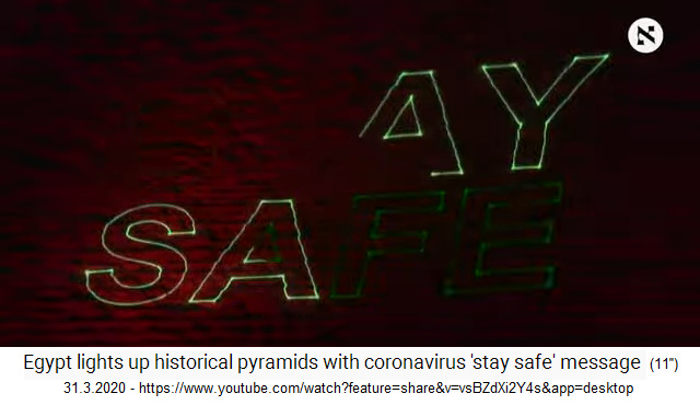 31.3.2020: Ägypten
                            Pyramide von Gize in Rot mit Schriftzug
                            "Stay safe", Nahaufnahme
                            ("bleib sicher zuhause")