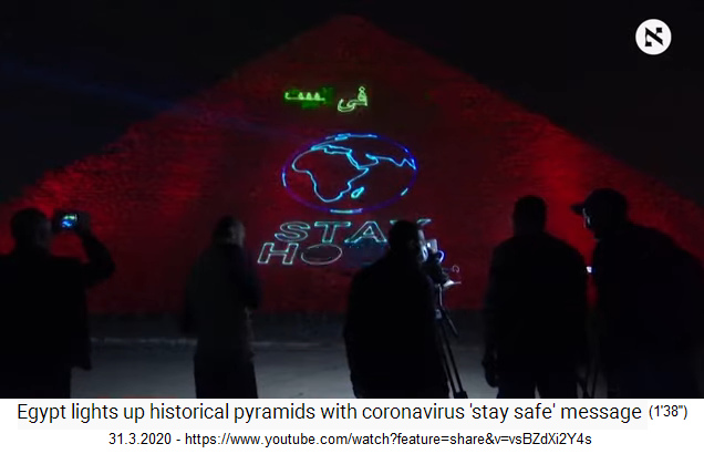 31.3.2020: Ägypten
                            Pyramide von Gize in Rot mit dem Schriftzug
                            "Stay Home" ("bleib
                            zuhause") und der Weltkugel 01