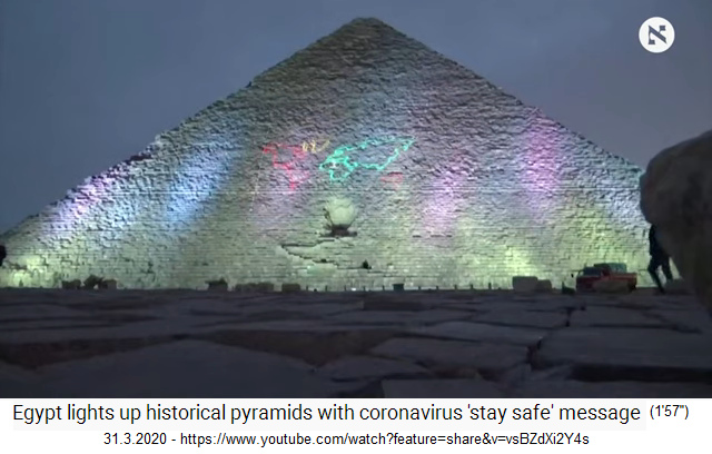 31.3.2020: Ägypten Pyramide von Gize,
                            Lasershow im Morgengrauen mit Weltkarte